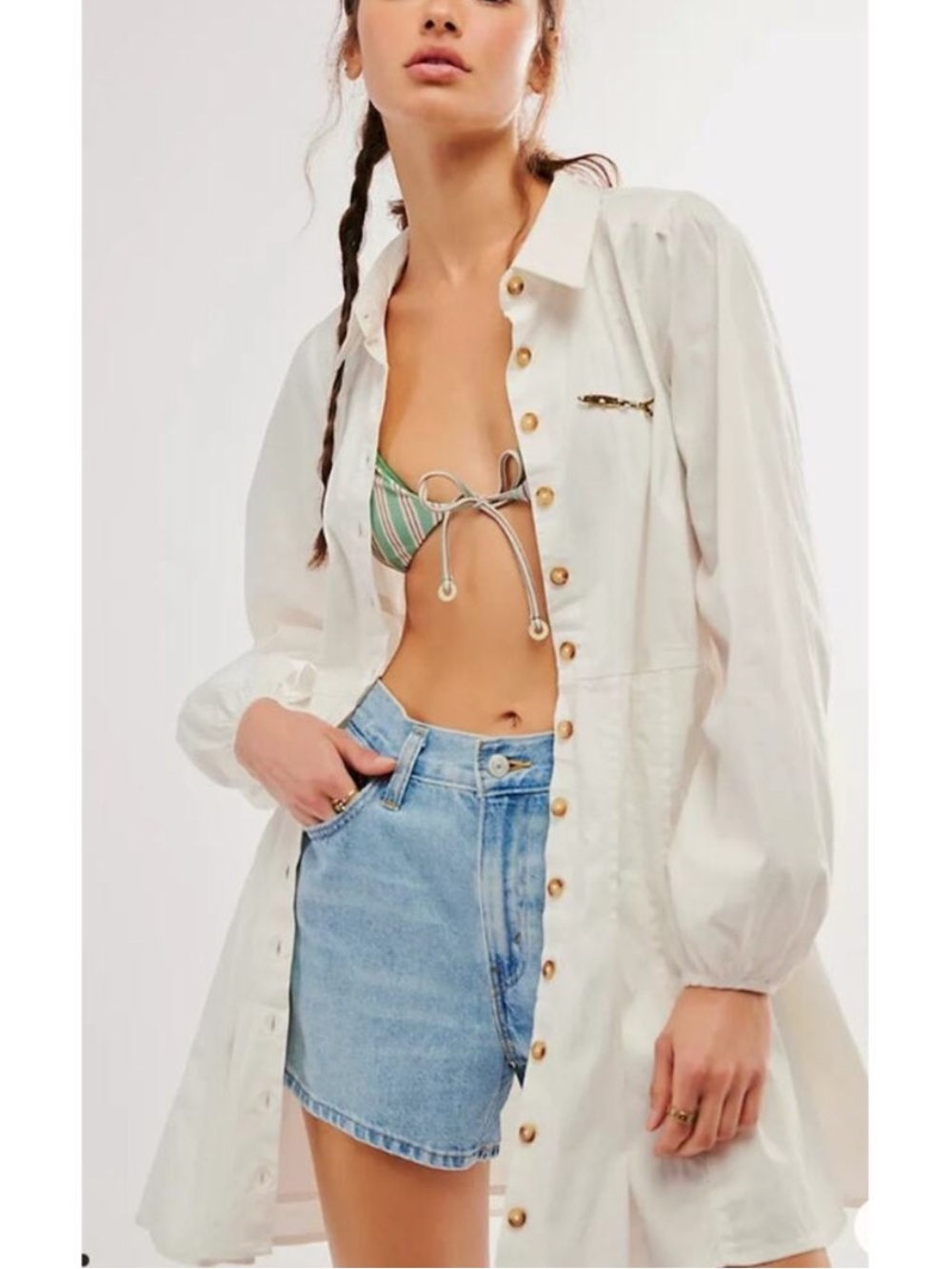 NWT Free People marvelous Mia long sleeve Button-Front Ivory Mini Shirt Dress XS - Picture 3 of 16